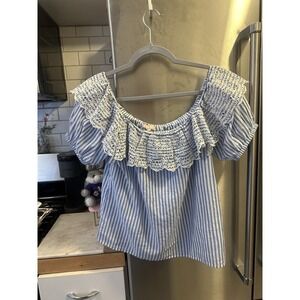Babydoll Milkmaid Off The Shoulder Puff Sleeve Crochet Nautical Striped Top SzM